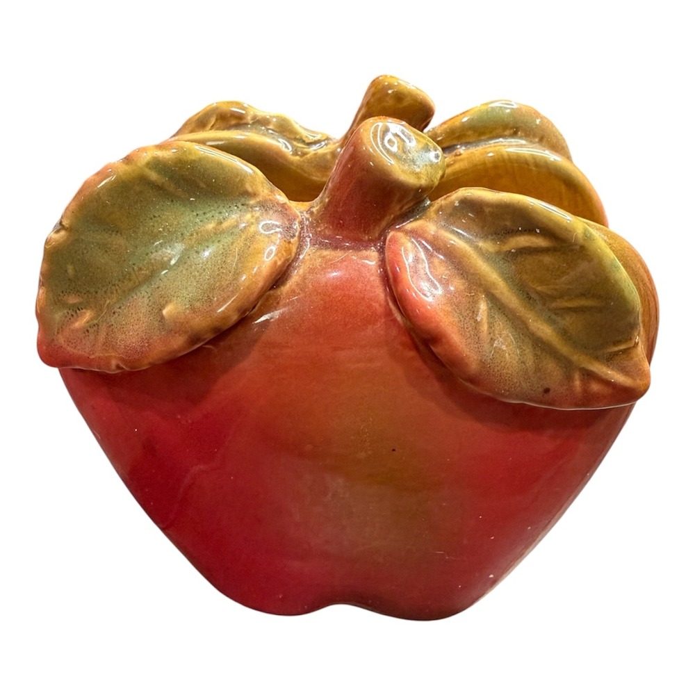 Vintage Red Ceramic Apple Napkin Holder Hand Painted Fruit Kitchen Decor